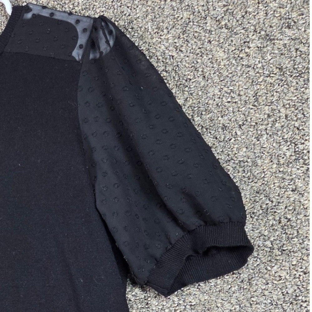 Adrianna Papell Knit Top Women Large Black Swiss Dot Sheer Puff Sleeve Sweater‎ - Picture 4 of 8
